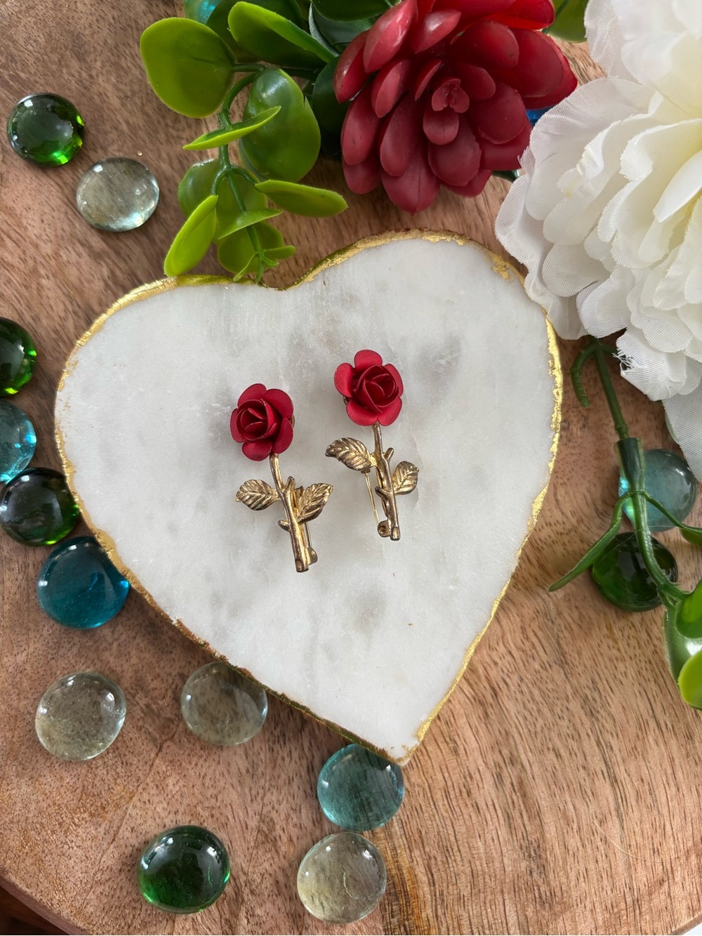 1960s Red Rose Gold-Tone Stem Brooch